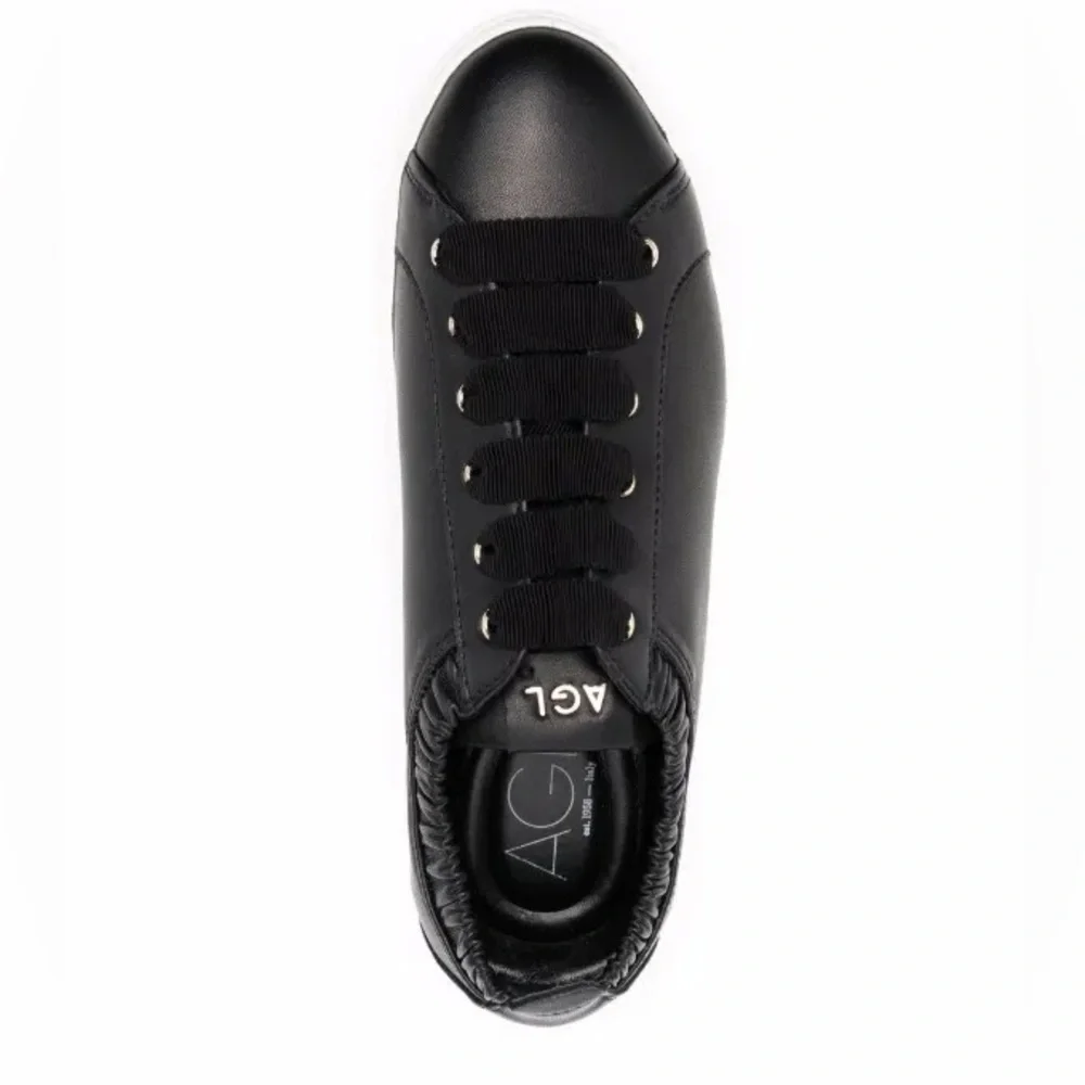New AGL Suzie Elasticated Opening Sneakers Black Leather Lace Up Sz 36.5